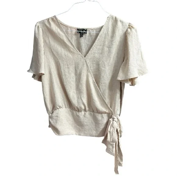 OLM Flutter Sleeve Beige Mock Wrap V Neck Top - Picture 3 of 7